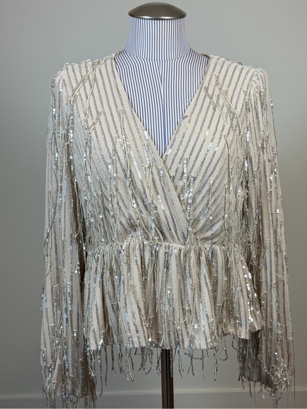 Lulus Sequin Top Coachella Fit Champagne Fringe Long Sleeve Peplum Blouse Sz M